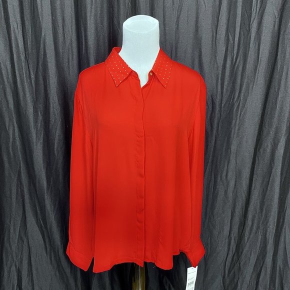 Rebecca Malone Red Blouse Hidden‎ Button Long Sleeve Gold Stud Collar Size XL - Picture 1 of 9